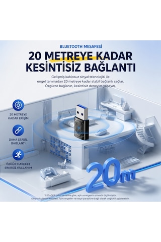 Essager Bluetooth 6.0 Usb Adaptör 20 Metre Menzil, 5 Cihaza Kadar Bağlantı, Tak Çalıştır, Windows Uyumlu