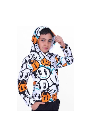 Panios Kids Emoji Desenli Kapüşonlu Unisex Sweatshirt 2 İplik Turuncu