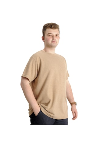 Mode Xl Büyük Beden Erkek T-Shirt Bisiklet Yaka Waffle 20033 Bej 001