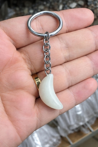 Unisex Ay Figürlü Beyaz Taş Anahtarlık Metal Zincir Kadın Erkek