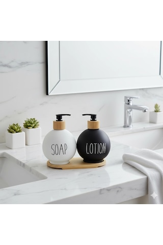 Lüks Tasarım Bambu Standlı 2'li Banyo Sabunluk Seti - Siyah & Beyaz Çok Renkli