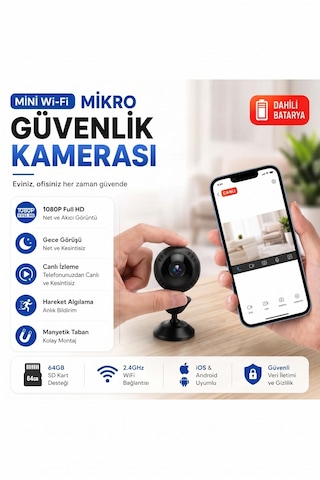 Mini Wi-fi Güvenlik Kamerası 1080p Full Hd Geniş Açı Gece Görüşü Hareket Algılama 64gb Sd Kart Destekli