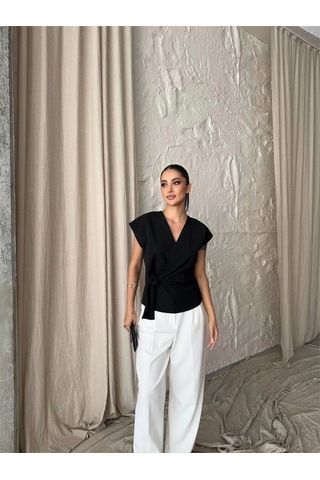 Defymoda Yandan Bağlama Detaylı Kolsuz Bluz - Siyah Siyah