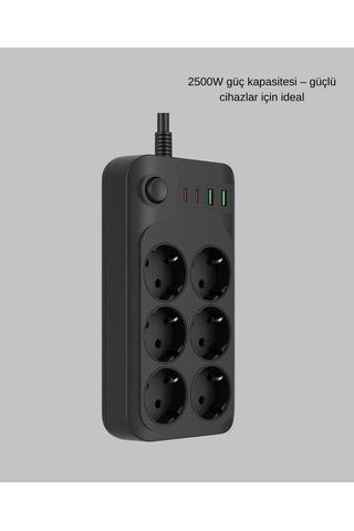 Akım Korumalı 6 Lı Priz 2xusb 2xtype-c Çıkış Yüksek Gerilim Koruma Çoklu Priz Çoğaltıcı 0 - 2 M