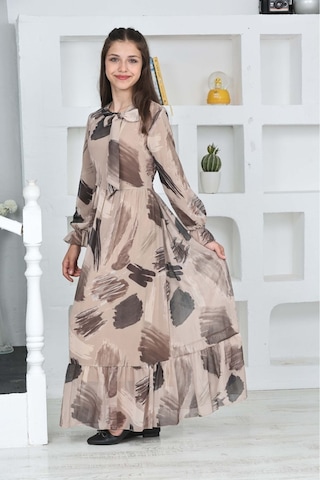 Genç Kız Pamuk Astarlı Şifon Kumaş Uzun Tam Boy Tesettür Elbise Vizon