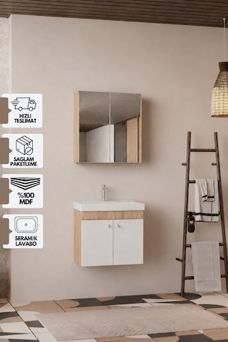 Milano 60 Cm, Lavabolu Banyo Dolabı Seti, Lavabo Dahil, Ayna Dahil, Sonomo Meşe, Mdf Beyaz - Sonomo