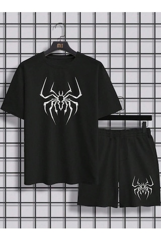 Altamira Erkek Siyah Örümcek Baskılı Şort T-shirt Takım 001