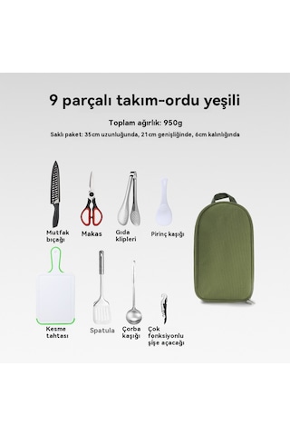 Açık Ocak Dokuz Parçalı Kamp Barbekü Paslanmaz Çelik Kesici Kesme Tahtası Ordu Yeşil 9 Parça Seti Yeşil
