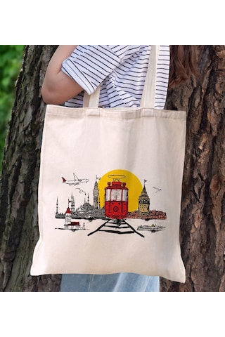 Bk Gift İstanbul Tasarımlı Kanvas Bez Çanta, Baskılı Omuz Çantası, Alışveriş Çantası, Plaj Çantası, Arkadaşa Hediye-3 Sarı
