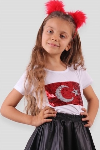 Breeze Kız Çocuk Tişört Pullu Ay Yıldızlı Beyaz (4-14 Yaş)