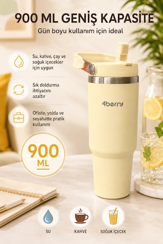 Ss119 900 Ml Çelik Termos Bardak Pipetli Kulplu Taşınabilir Su Matarası Krem