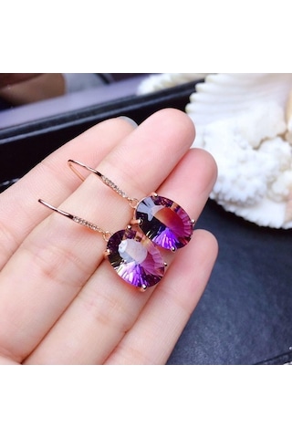 Novahub 925 Ayar Gümüş Damla Küpe - Renkli Ametist Taş - 18k Altın Kaplama Kadın Charm Küpe Hediye Gümüş