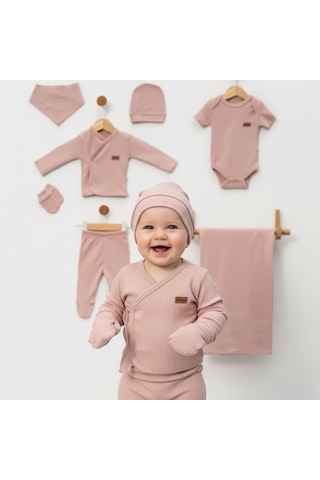 Milays 0-3 Ay Bebeklere %100 Pamuk Çıtçıtlı Body Li Havlulu 7 Parçalı Zıbın Takımı Pudra