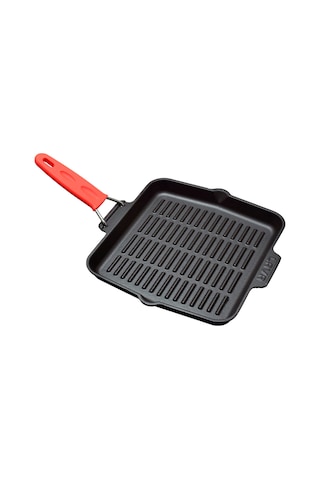 Lava Döküm Kare Sığ Izgara Tavası Silikon Tel Saplı Ölçü 24x24cm. - Kırmızı