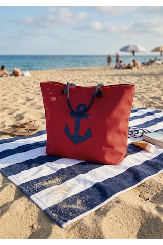 Miami Beach Marin Çapa Nakışlı Kırmızı Astralı Geniş Hacimli Kadın Plaj Çantası Renkli