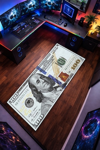 100 Dolar Kaymaz Taban Makinede Yıkanabilir Gaming Para Desenli Oyuncu Gamer Genç Odası Halısı Beyaz