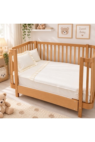 Sallhome Baby Ekru Fırfırlı Bebek Pike Takımı 4 Parça 90x120 Cm Pamuklu Pike, Çarşaf Ve 2 Yastık Kılıfı