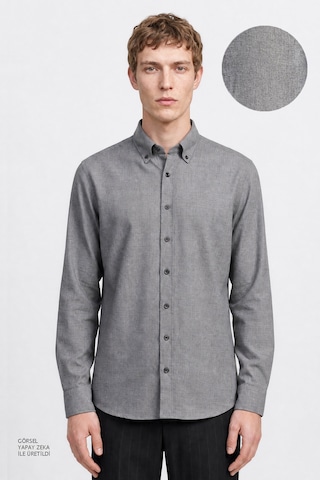 Altınyıldız Classıcs Erkek Grı Pamuklu Slim Fit Dar Kesim Düğmeli Yaka Diagonal Desenli Flanel Gömlek Gri