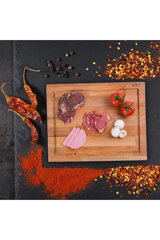 İroko L Kayın Ahşap Tezgah Üstü Kesme Tahtası 45x35 Cm Oluklu, Kenarlıklı, Premium El Yapımı Ahşap