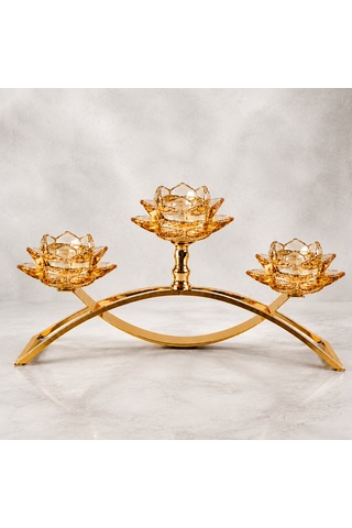 Altın Lotus 3 Saplı Kristal Cam Mumluk Dekoratif Şamdan Amber - Gold