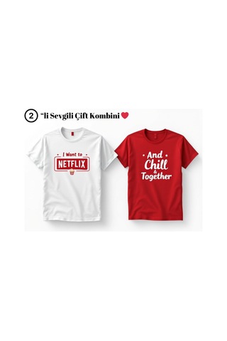 Technomonkey Netflix And Chill Baskılı Sevgili Çift Kombini Regular 2'li Takım T-shirt Beyaz