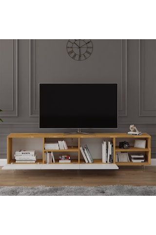 Asra Trend Tv Ünitesi T-20 %100 MDF 200 cm Büyük Boy Tv Sehpası Dolaplı Raflı Petra-Beyaz