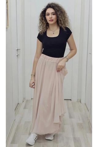 Bel Lastikli Kloş Şifon Etek 6003-pudra Pudra