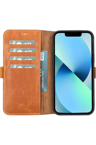 Apple Uyumlu iPhone 13 Pro Deri Cüzdanlı Kılıf Karamel