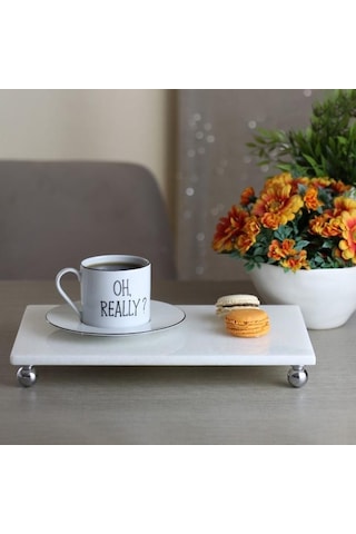 Akayev Mermer Beyaz 30x20 cm Gümüş Boncuk Ayaklı Sunum Tabağı