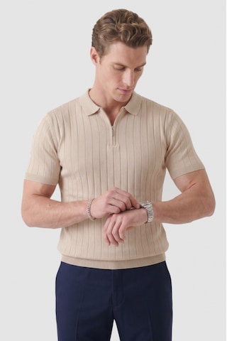 Deepsea Erkek Bej Polo Yaka Fermuarlı Çizgi Dokulu Regular Fit Likralı Triko Tişört 2608008