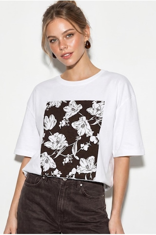 Shade Kadın Bisiklet Yaka Çiçek Baskılı Oversize %100 Pamuklu T-shirt Öt100001 60286273 - Beyaz-kahve Beyaz - Kahverengi