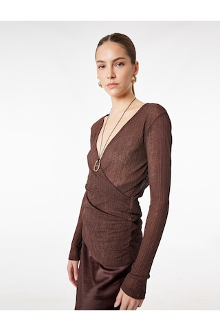Koton Slim Fit Uzun Kollu Dokulu V Yaka Kruvaze Bluz Kahverengi 6sak80137ek Kahve