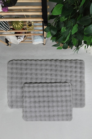 Modern Bubble Yıkanabilir Kaymaz Peluş Banyo Paspası Halısı 2'li Klozet Takımı 50x80-50x40cm Gri