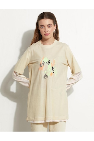 Baskılı Katmanlı Sweat-krem Krem