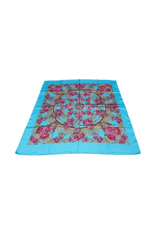 Tikitonki Çiçek Desenli Turkuaz Bohem Saten Eşarp - 90x90 Turkuaz Turkuaz