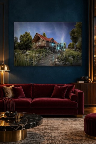 Fida Gece Işıklı Su Değirmenli Ahşap Kulübe Canvas Tablo