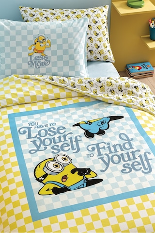 Puffy Minions Gingham %100 Pamuk Tek Kişilik Nevresim Takımı - Sarı