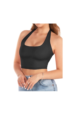 Liona Kadın Kare Yaka Siyah Renk Crop Top Bluz 001