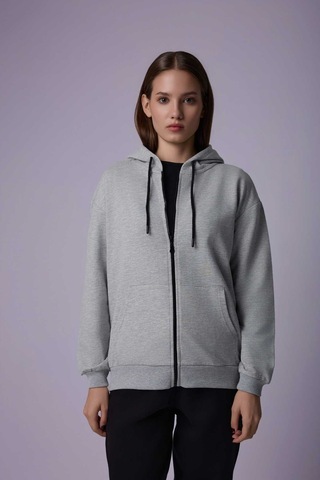 Defys Defy S Kadın Oversize Kapüşonlu Fermuarlı Cepli Sweatshirt Gri Melanj - 527346818 Gri Melanj