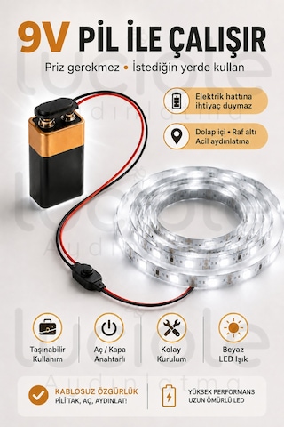 4 Metre Beyaz 9v Pilli Anahtarlı Şerit Led Set Pil Dahil Prizsiz Yapışkanlı Dolap Raf Işığı