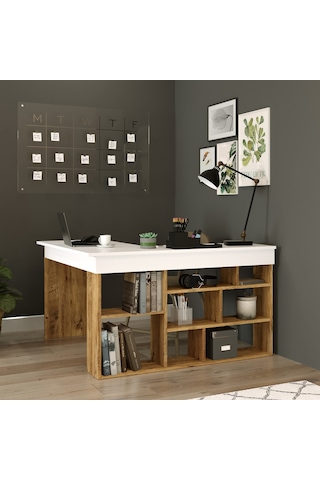 Robinhome Robin Home Boston Kitaplık Raflı Çalışma Masası L Masa Ofis Çalış Beyaz