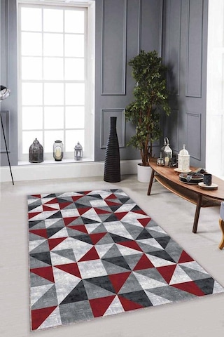 Kırmızı Geometrik Kaymaz Tabanlı Dekoratif Halı Pr01n11