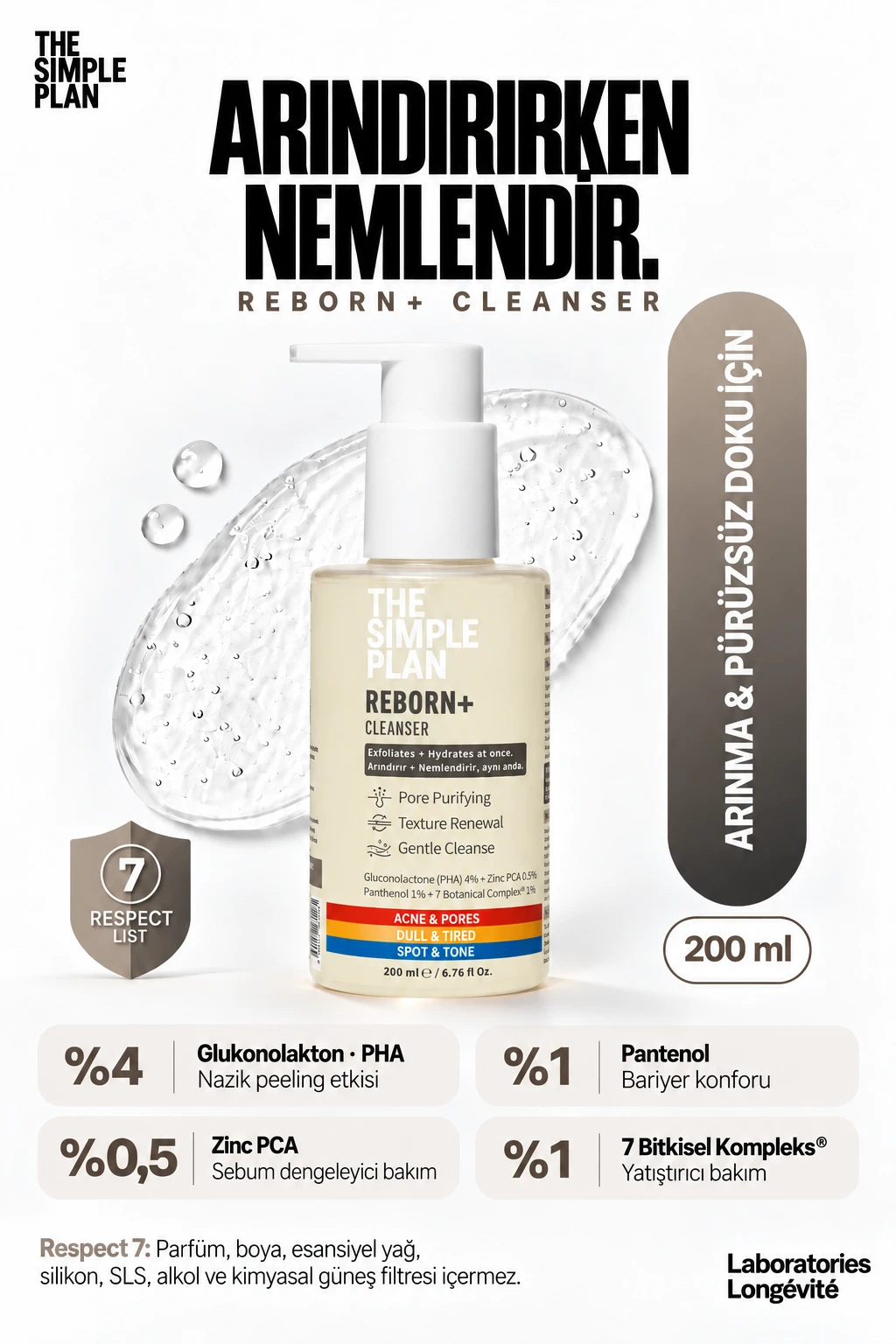 The Simple Plan Reborn+ Cleanser %4 Pha Glukonolakton + %0,5 Çinko Pca + %1 Pantenol, Arındırıcı Yüz Temizleme Jeli, 200 Ml