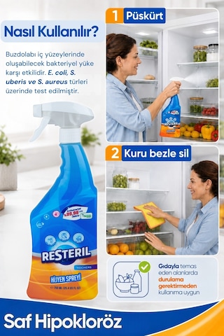 Resteril Buzdolabı Koku Giderici Küf Temizleyici Spreyi Durulanmayan Buzdolabı Temizleyici Kesme Tahtası Mutfak Yüzey Dezenfektanı 2 x 750 ML