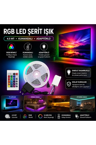 4.5 M Rgb Led Şerit 54 Led/m Kumandalı Adaptörlü Diğer