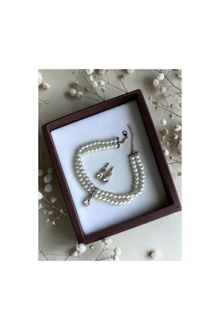 Zirkon Taşlı Su Damlası Sallantılı Tasma Choker İnci Kolye Ve Küpe Seti Düğün Nikah Kına Beyaz