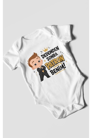 Morivokids Dedemden Sonra Patron Benim Kısa Kollu Bebek Body %100 Pamuk Beyaz