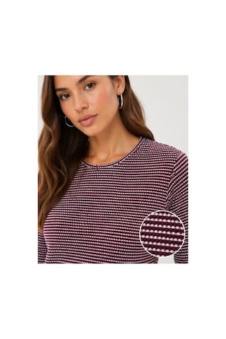 Butik İstanbul Dokulu Çizgili Uzun Kollu Tişört Oval Kesim Basic Rahat Kalıp Bluz - Bordo