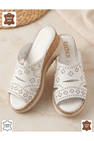 İç Dış %100 Hakiki Deri Dolgu Taban Kadın Terlik Beyaz