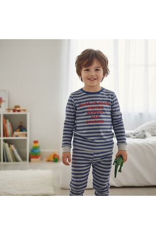 Bonbon Çocuk Baskılı Çizgili Mavi Renk 2'li Takım Cb1065